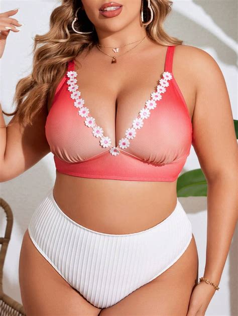 Shein Swim Vcay Summer Beach Plus Size Bohemian Style Ombre Floral Colorblock Bikini Top With