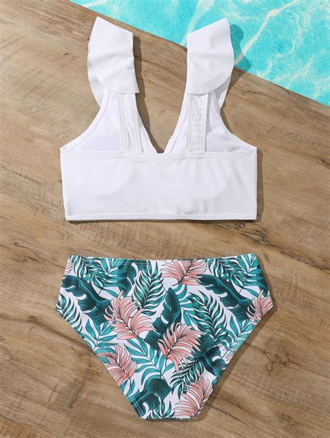 Conjunto de bikini con estampado tropical y volantes para niña