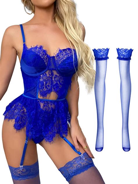 Lilosy Sexy Garter Underwire Push Up Floral Lace Eyelash Sheer Babydoll Lingerie Women Teddy