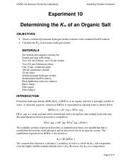 Experiment 10 Determining The Ksp Of An Organic Salt Pdf CHEM 121