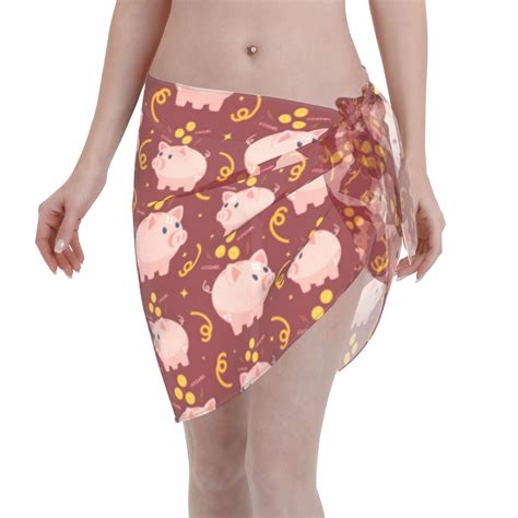 Qekee Cute Pig With Coins Women S Short Sarongs Cover Ups Sheer Bikini