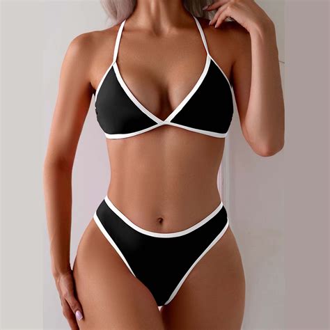 OWMEOT Low Rise Thong Bikini Sets For Women Two Piece Swimsuits Color Block Deep V Neck Bathing