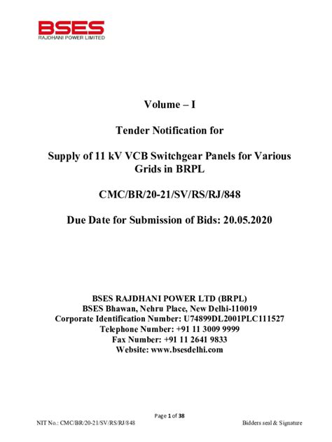 Fillable Online I Tender Notification For Supply Of Kv Vcb