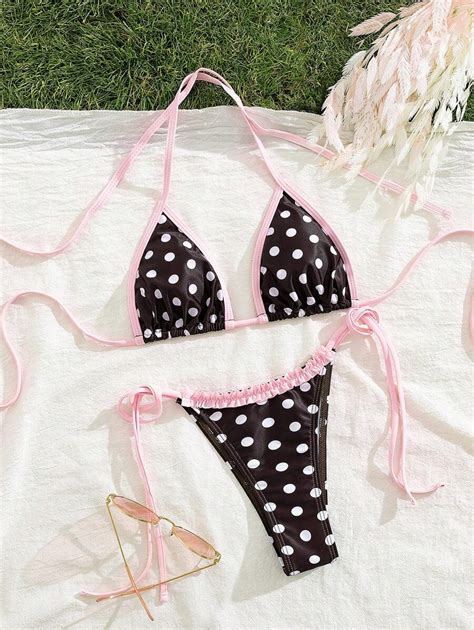 Swim Mod Pcs Women Polka Dot Print Sexy Cute Ruffle Trim Halter Bikini Swimsuit Set For Beach