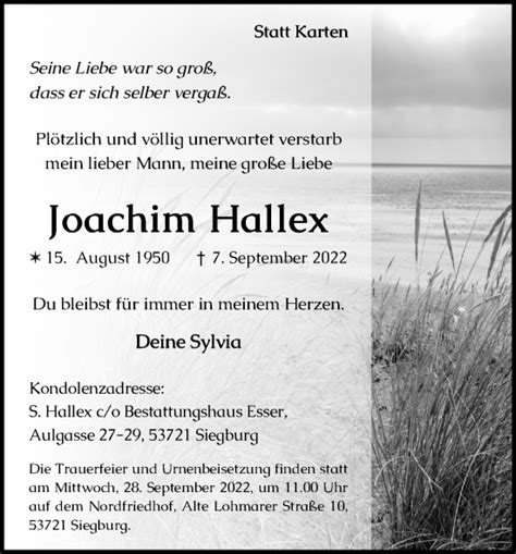 Traueranzeigen Von Joachim Hallex Wirtrauern