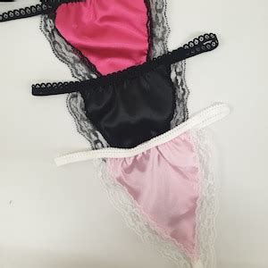 3 Pure Silk Satin And Lace G Strings Black Pale Pink Hot Pink Hand Made In France French