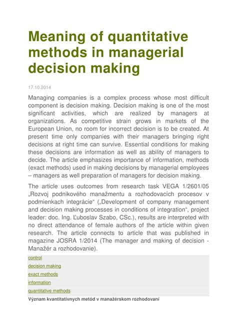 PDF Meaning Of Quantitative Methods In Managerial Decision Making