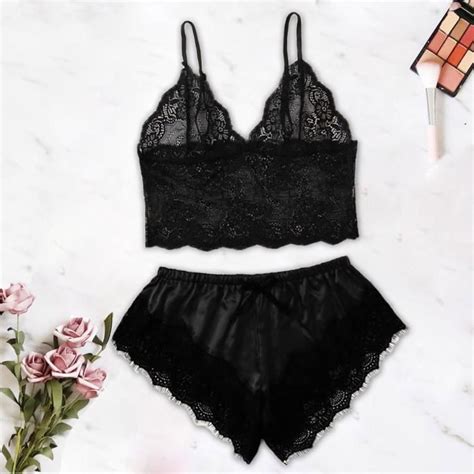 Femmes New Sexy Lace Lingerie Silk Sling Underwear Sleepwear Pyjama Sets Noir Noir Cdiscount