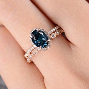 Rose Gold London Blue Topaz Engagement Ring Rose Gold Bridal Set