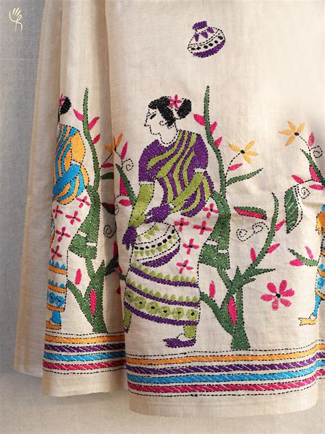 Kantha Embroidered Tussar Silk Beige Saree Handsondastkar