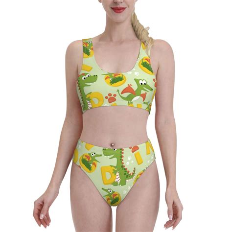 Haiem Cartoon Dinosaurs Women S Bikini Set Two Piece High Waisted