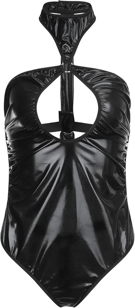 Amazon Leather Lingerie Bodysuit For Women Sexy Wet Look Patent Latex Halter Neck Jumpsuit