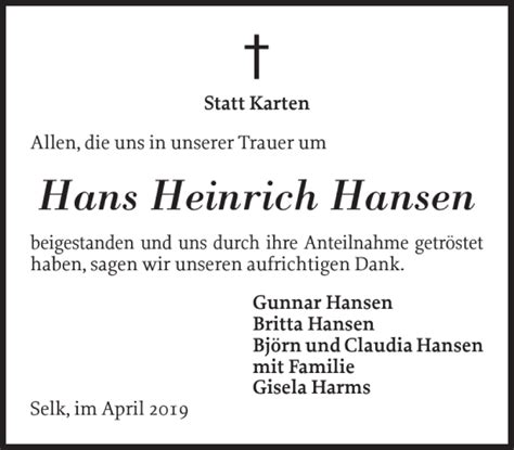 Traueranzeigen Von Hans Heinrich Hansen Sh Z Trauer