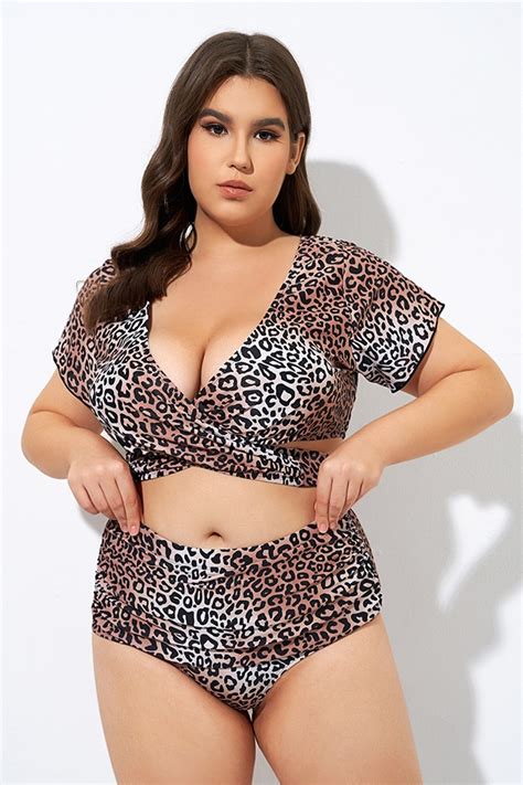 Leopard Print Flattering V Neckline Wrap Crop Bikini Top Meet Curve Meet Curve
