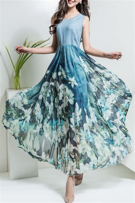 Light Blue Xl Floral V Neck Maxi Chiffon Flowy Dress Rosegal