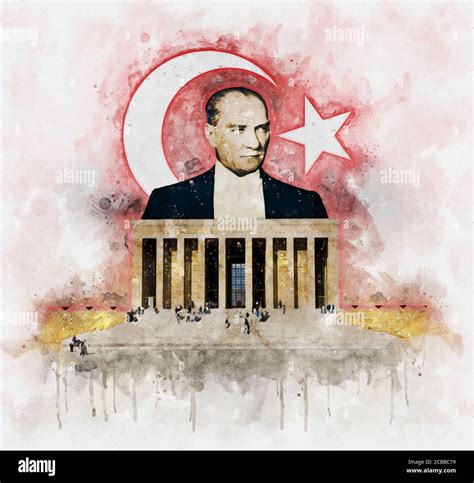 Watercolor Illustration Of Mustafa Kemal Ataturk Behind Anitkabir