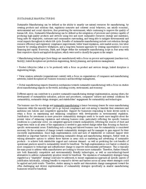 Sustainable Manufacturing - SUSTAINABLE MANUFACTURING Sustainable