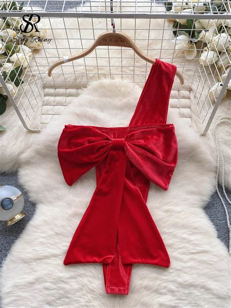 Singreiny Bow Erotic Christmas Camis Bodysuits Off The Shoulder Slim Playsuits Women Lingerie