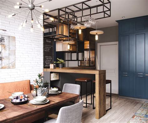 Необычная кухня-столовая с барной стойкой в стиле лофт. Стойка ...