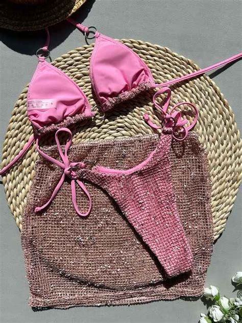 STOCK Two Colors Triangle Top Fishnet Brazilian Bikini Women 3Pieces Swimwear Sparkle Beach