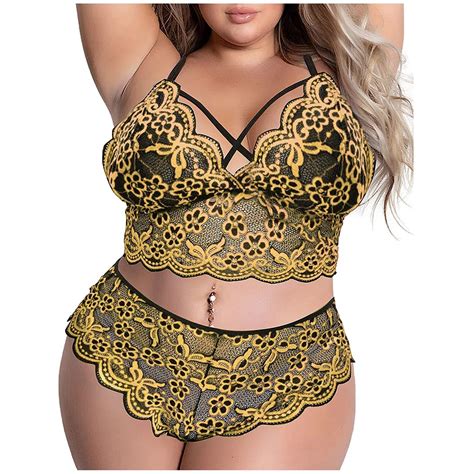 Uaang Women Plus Size Sexy Lingerie Set Hollow Out Lace Perspective Bra