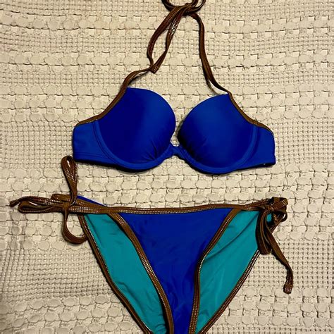 Royal Blue String Bikini With Gold And Tan Straps Gem