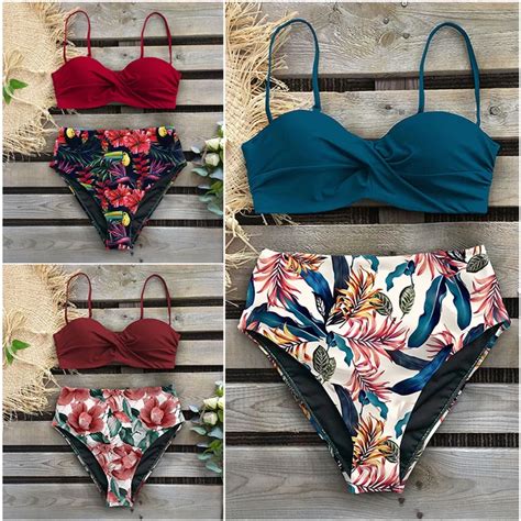 Sexy Leaf Print Bikini Female Swimsuit Women Swimwear Thong Push Up Bikinis Set High Waist