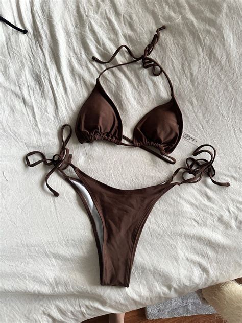 Brown Triangle Bikini Set Women S Fashion Swimwear Bikinis Swimsuits On Carousell