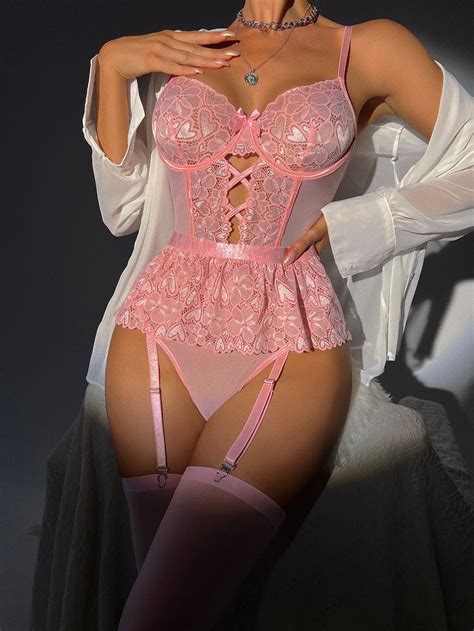 Ensemble de lingerie et string sexy pour femmes corset serré en dentelle dos nu amour saillant