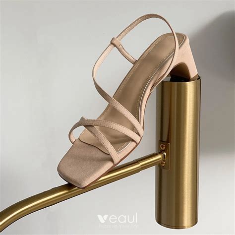 Schöne Sommer Nude Freizeit Wildleder Sandalen Damen 2020 Leder 6 cm Thick Heels Peeptoes