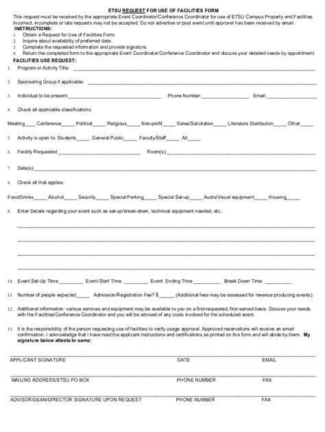 Fillable Online ETSU REQUEST FOR USE OF FACILITIES FORM INSTRUCTIONS