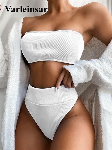 Sexy Bandeau Ribbed High Waist Bikini Female Swimsuit Women Swimwear Two Pieces Bikini Set