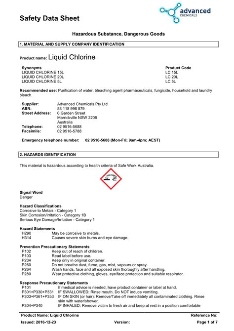 Safety Data Sheet Product Name Liquid Chlorine Docslib