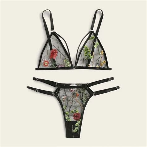 Women Porno Sexy Underwear Set Flower Embroidery Lace Bra Set Transparent Lingerie Set Strap G