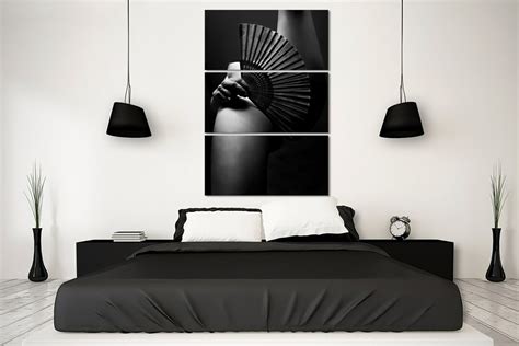 Art Erotic Black White Nude Woman Covered By Fan Etsy