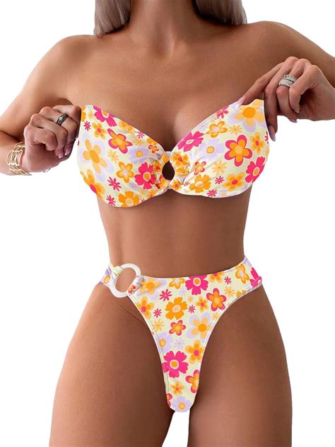Amazon Oyoangle Women S Piece Swimsuits O Ring High Waist Bandeau Bikini Set Bathing Suit