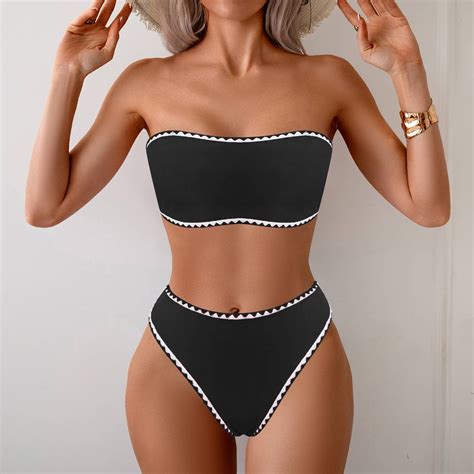 Black Swim Suits For Women 2025 Women S Bandeau Halterneck Bikini Lace Split Swimsuit Color