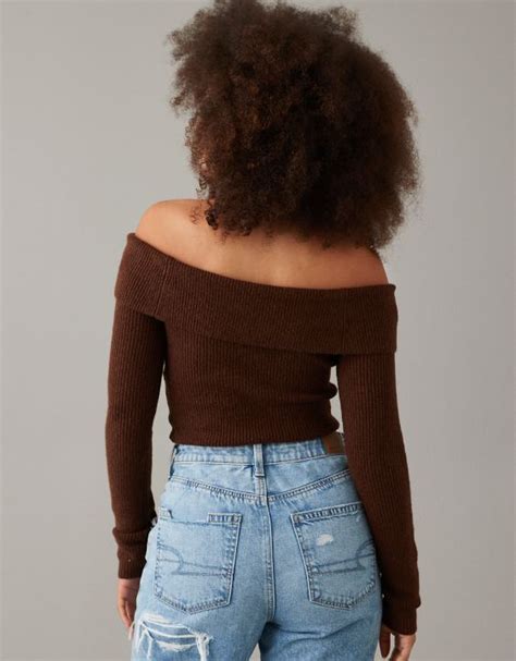 Ae Ribbed Off The Shoulder Cropped Long Sleeve Sweater