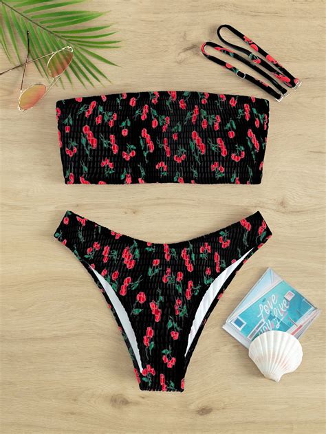 Shein Swim Vcay Cherry Print Bikini Set Smocked Detachable Straps Wireless Bra Bikini Bottom