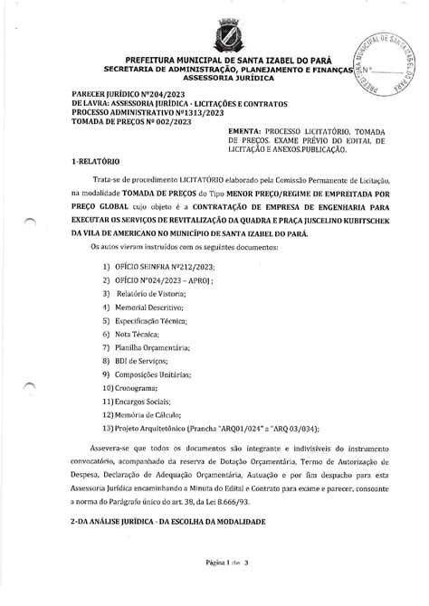 Parecer Juridico N Prefeitura Municipal De Santa Izabel Do