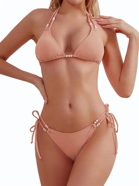 TASHEHE Women S Triangle String Bikini Set Sexy Tie Side Two Piece Swimsuit Cute Halter Bathing