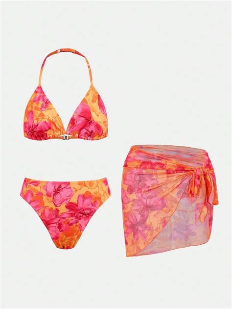 SHEIN Teen Girl Orange Flower Printed Bikini Set With Bikini Bottoms And Tied Swim Skirt 3pcs
