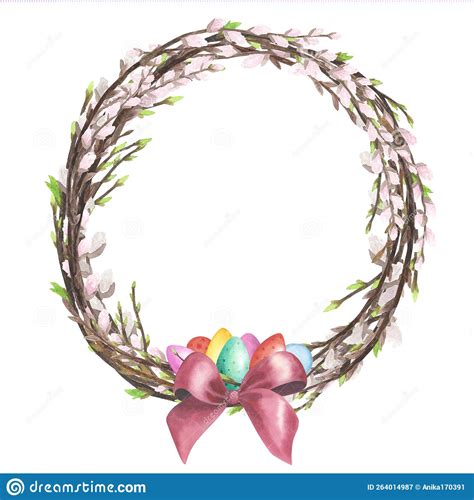 Willow Wreath Watercolor With Colored Eggs Red Bow Isolated On White