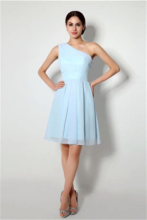 A Line One Shoulder Short Light Blue Chiffon Bridesmaid Party Dress