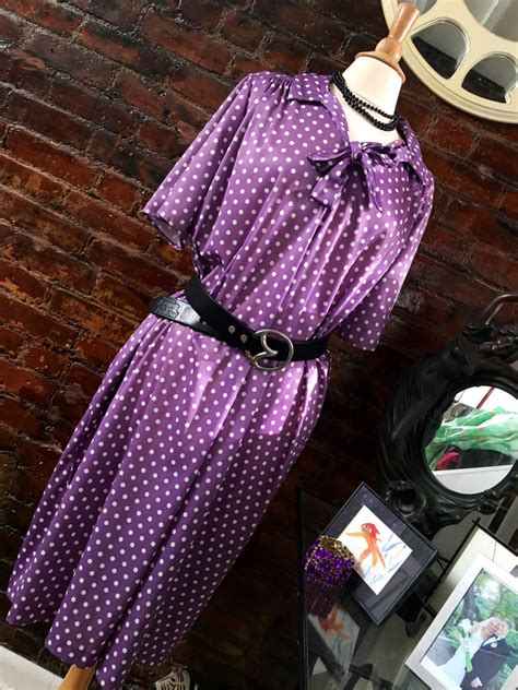 Perfect Purple Polyester Polka Dot Pussy Bow Dress With Side Pockets Vintage One Size Roomie