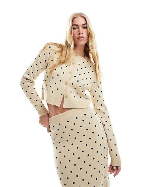 Asos Design Jacquard Button Through Cardigan In Cream Polka Dot Co Ord Asos