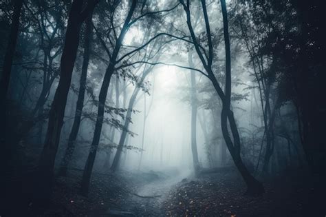 Bosque De Niebla En La Noche Con La Luz De La Luna Brillando A Trav S