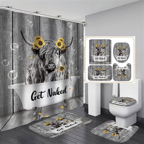 Piece Highland Cow Shower Curtain Set Get Naked Sunflower Floral