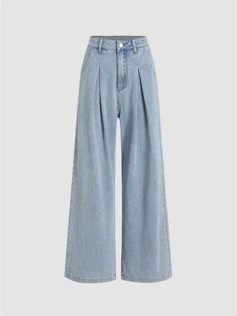 Denim Denim Pleated Wide Leg Jeans For Daily Casual School