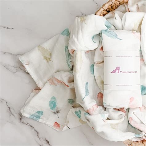 bamboo organic cotton muslin wrap floating feathers mumma bear